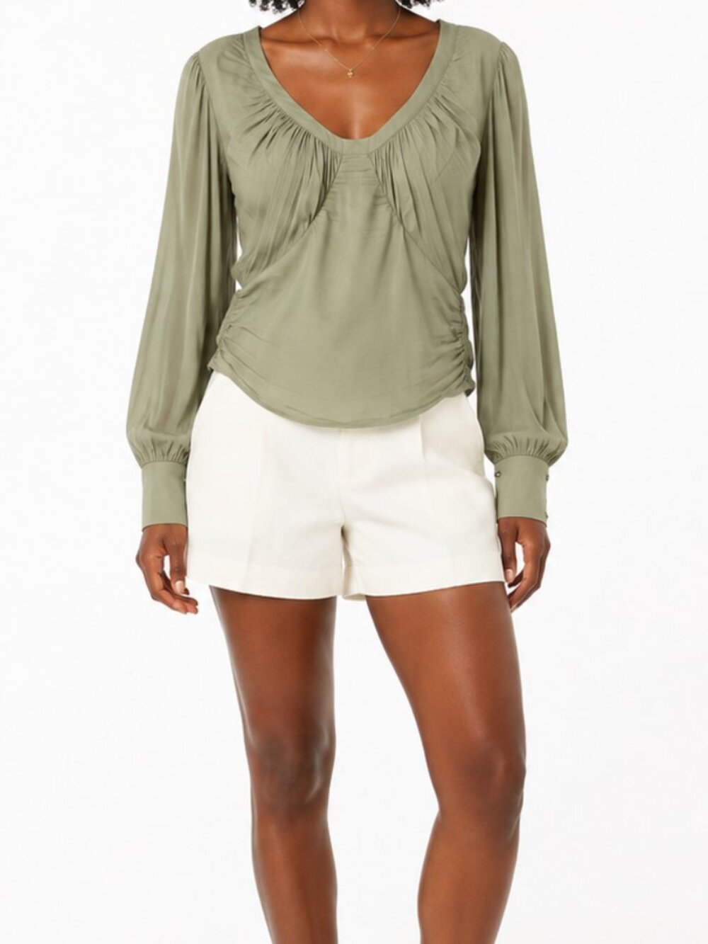 Anthropologie Sage Green Ruched Draped V Neck Blouson Sleeve Open Back Top Sz M